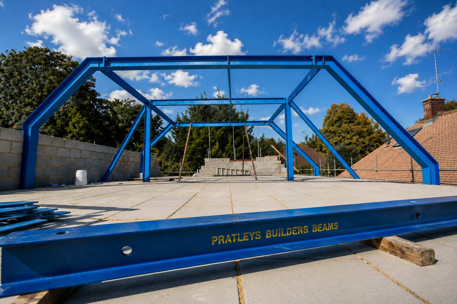 Blue Pratleys steel frame installed on site