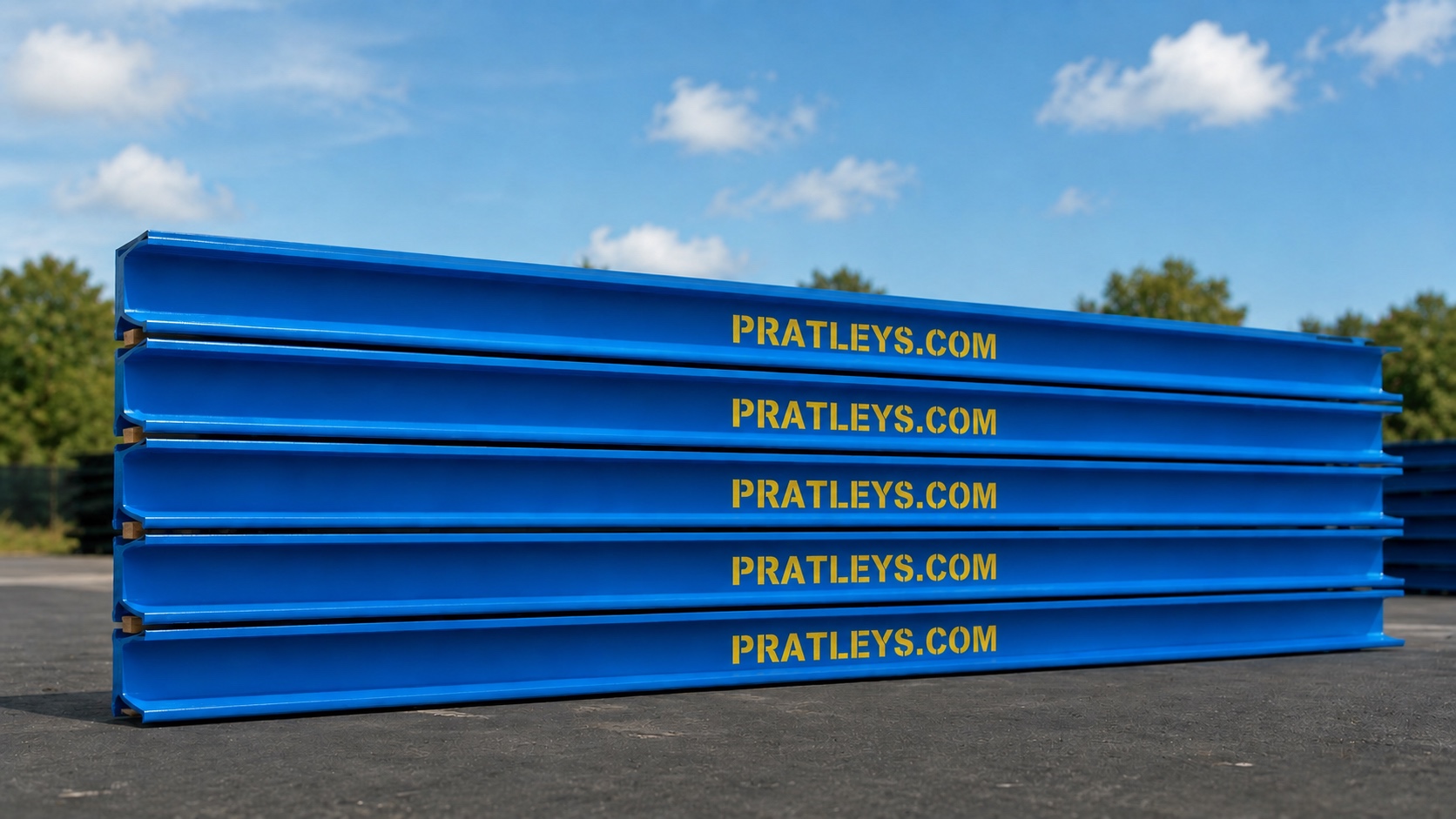 Blue Pratleys Builders Beams stacked in the yard