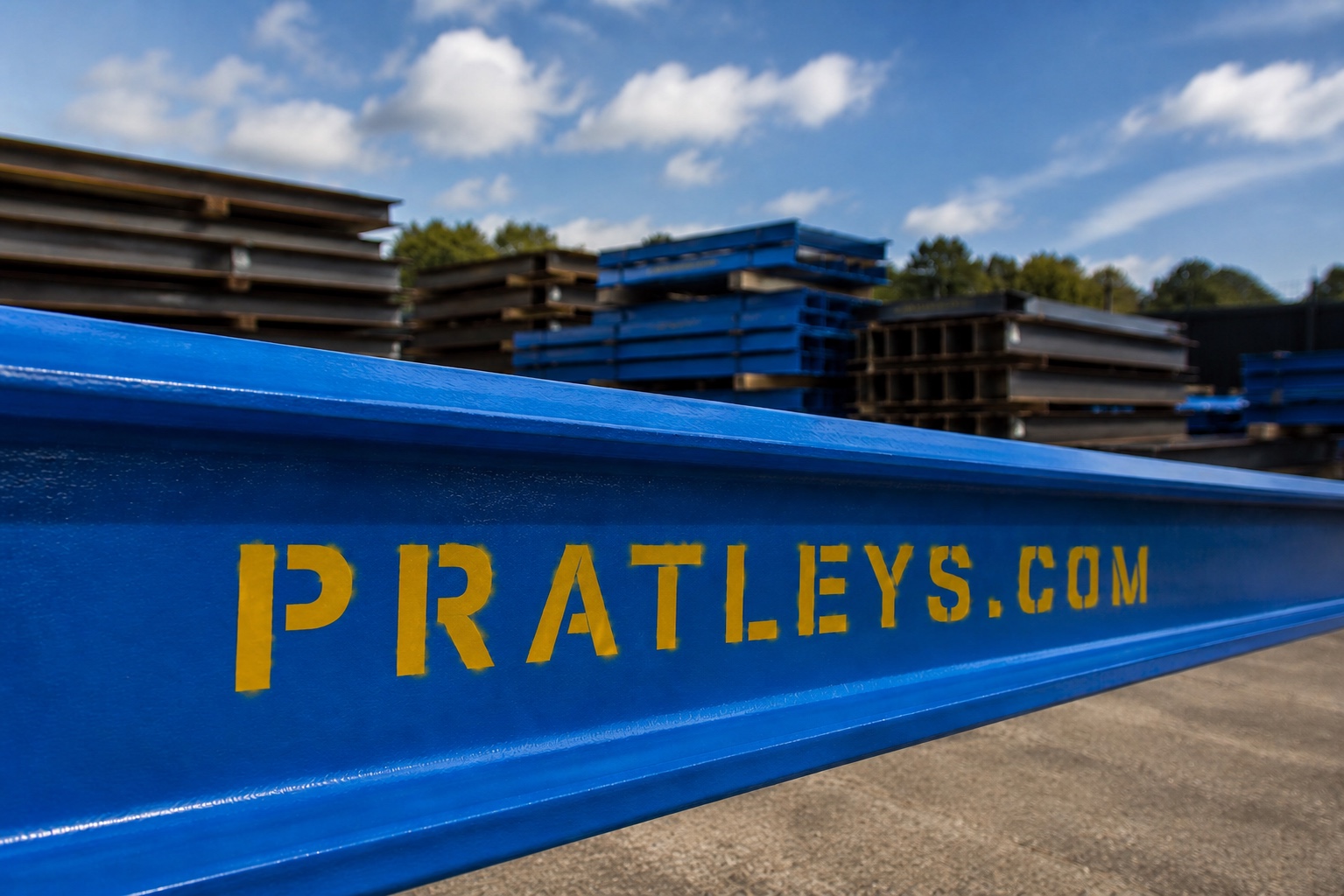 Blue Pratleys Builders Beams in the stockholding yard