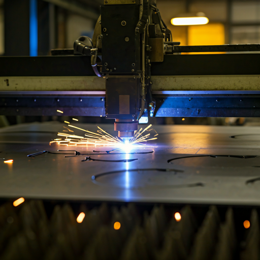 Profile plate cutting sparks in an engineering workshop