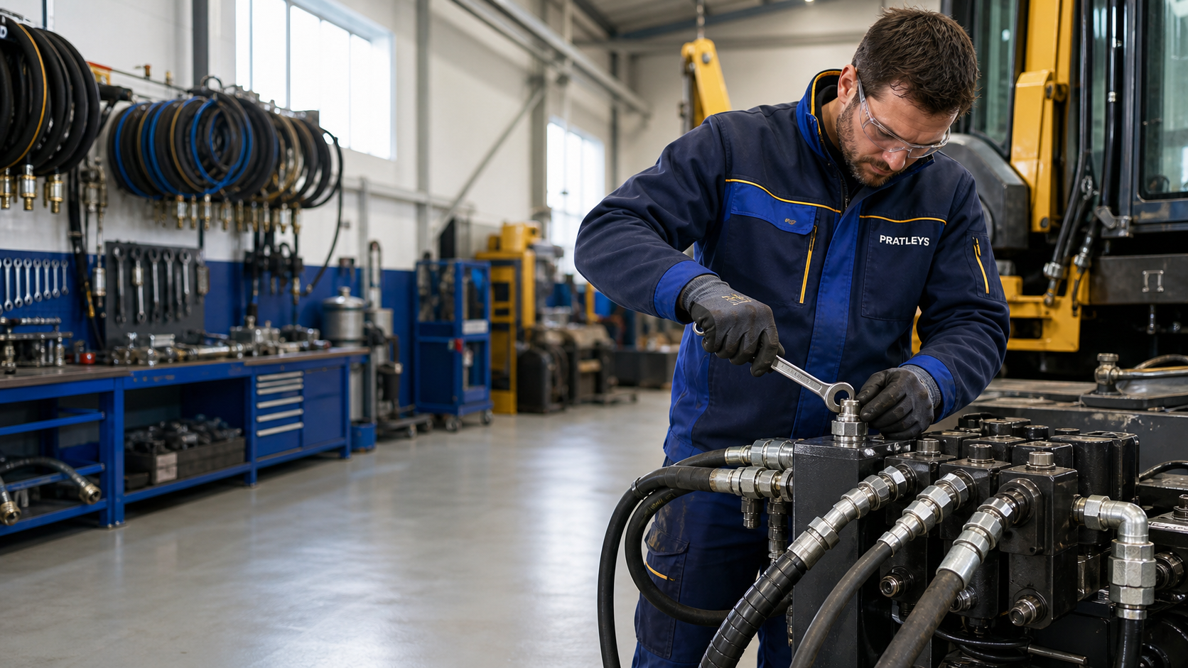 Workshop technician servicing hydraulic hoses beside industrial equipment