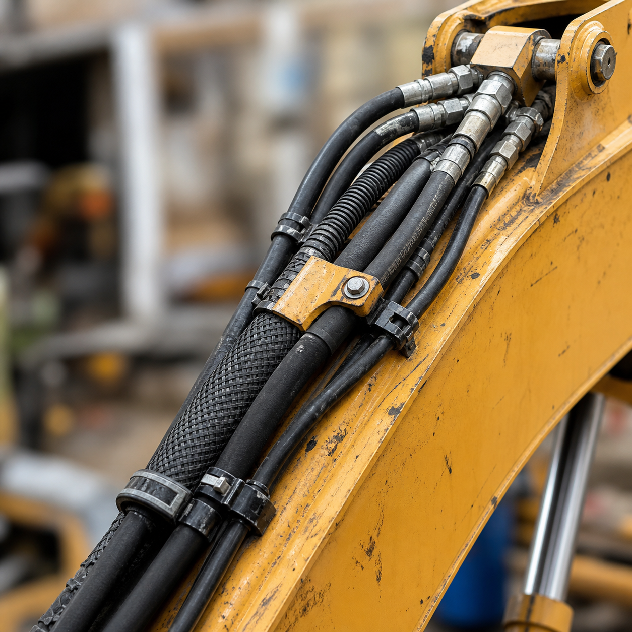 Hydraulic hoses secured along an excavator arm
