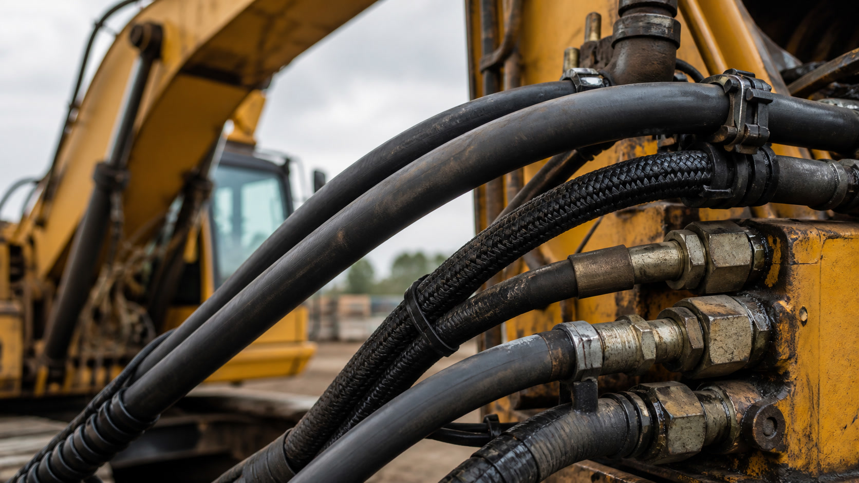 Hydraulic hoses and fittings on yellow plant machinery
